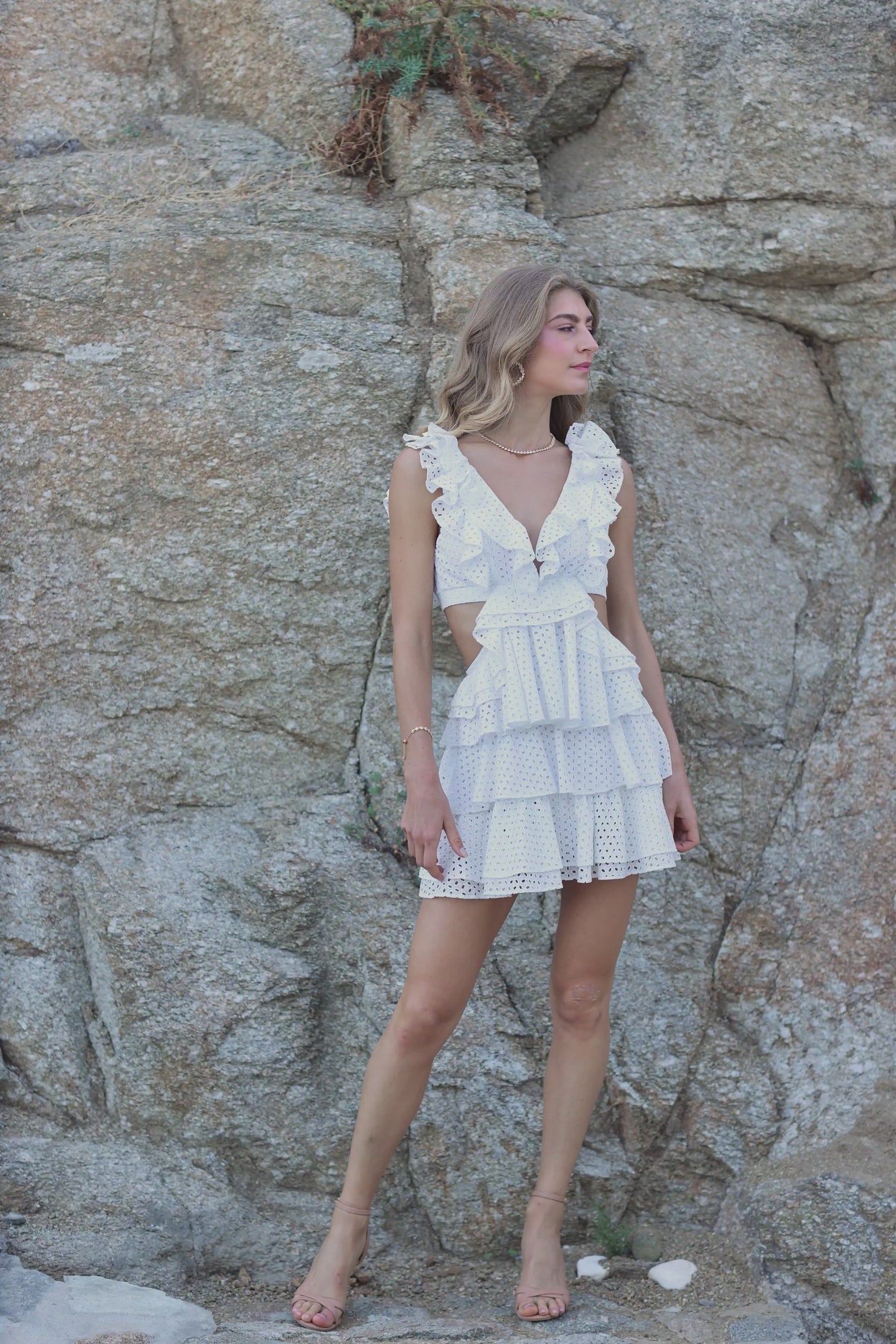 white Mini dress with ruffles Sunset Mood Italian Resort wear new collection 2023